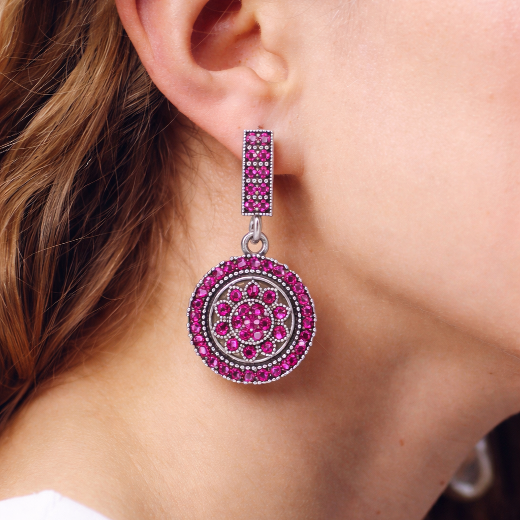 Oxidised Silver Pink Diamond Circular Drop Earrings