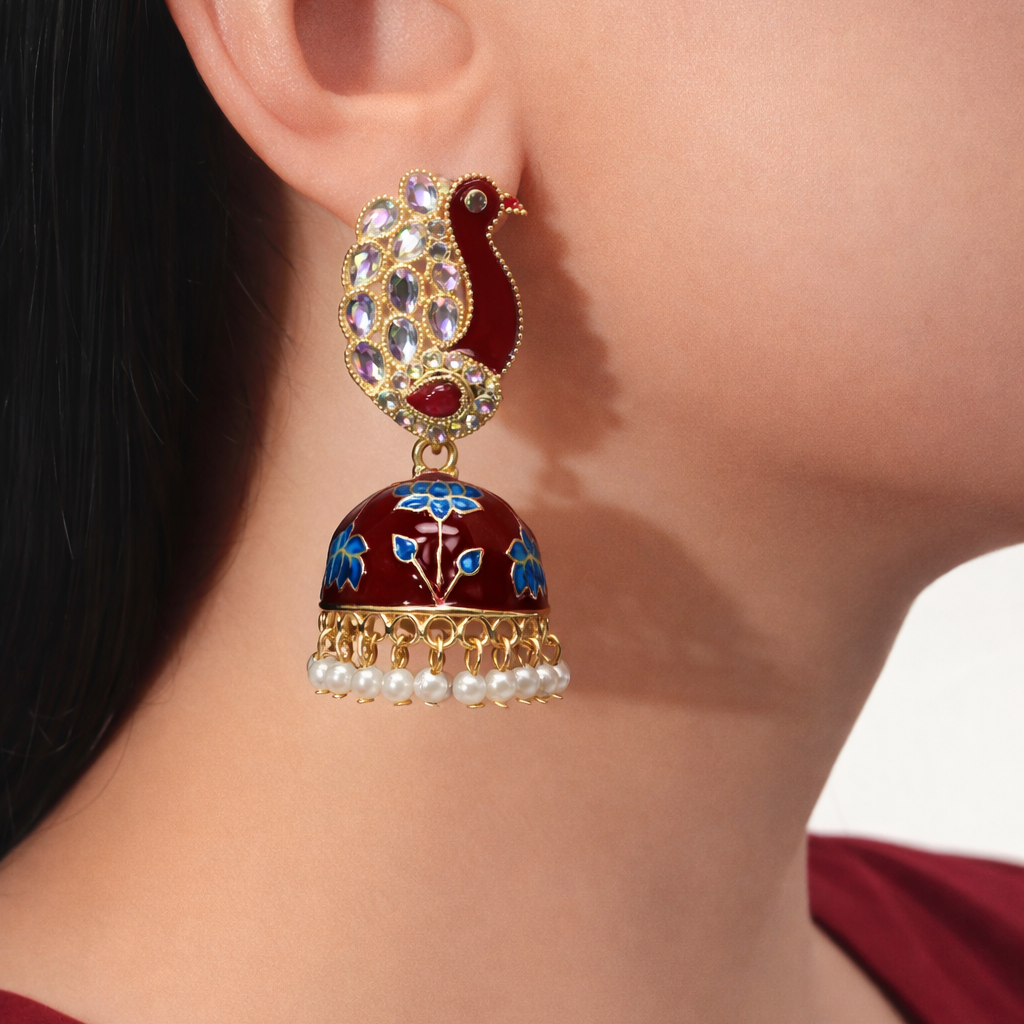 Maroon Peacock Enamel Jhumka Earrings with Kundan Work & Pearl Drops