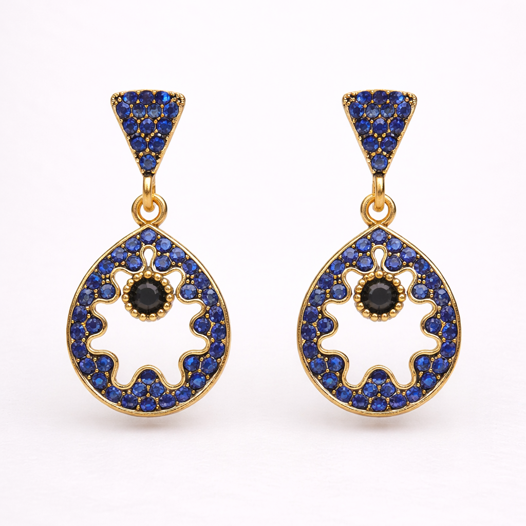 Blue Diamond Circular Drop Earrings in Gold Finish