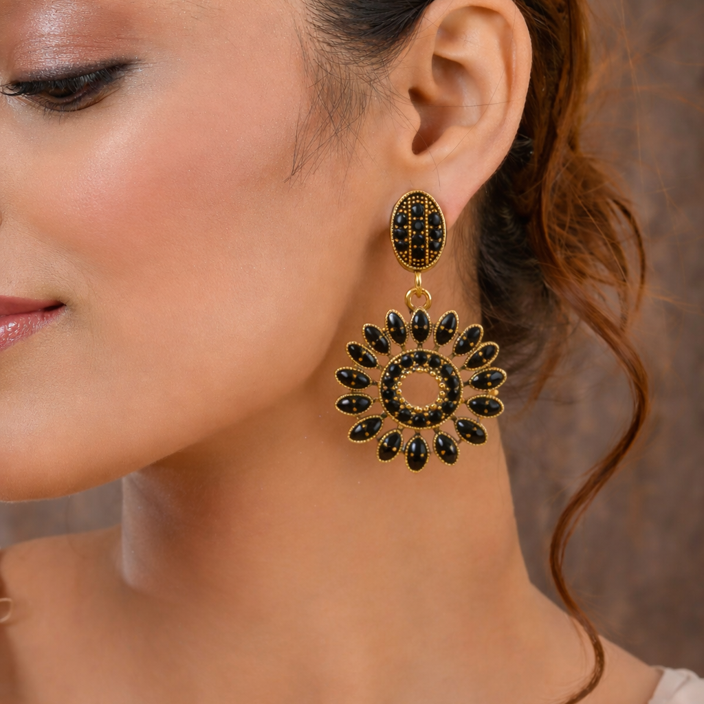 Black Diamond Floral Drop Earrings in Antique Gold Finish