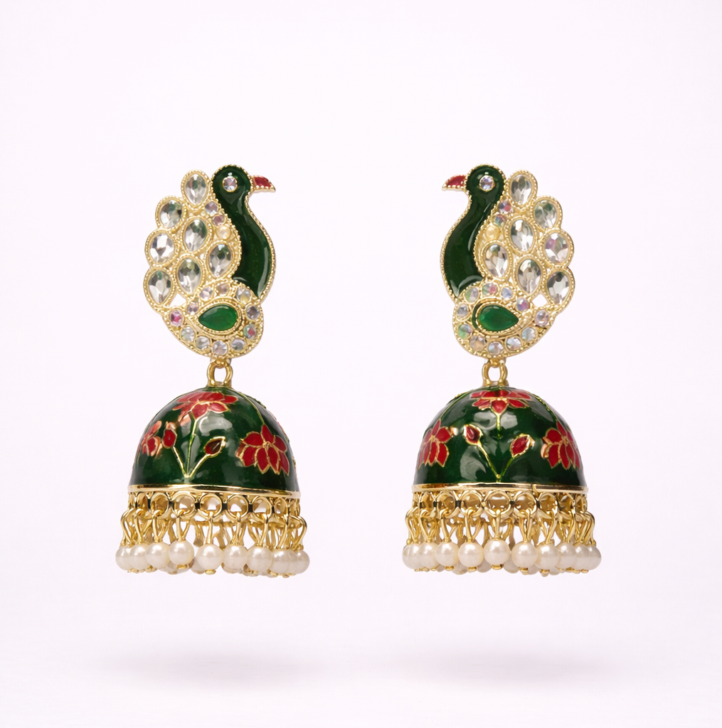 Green Peacock Enamel Jhumka Earrings with Kundan Stones & Pearl Drops