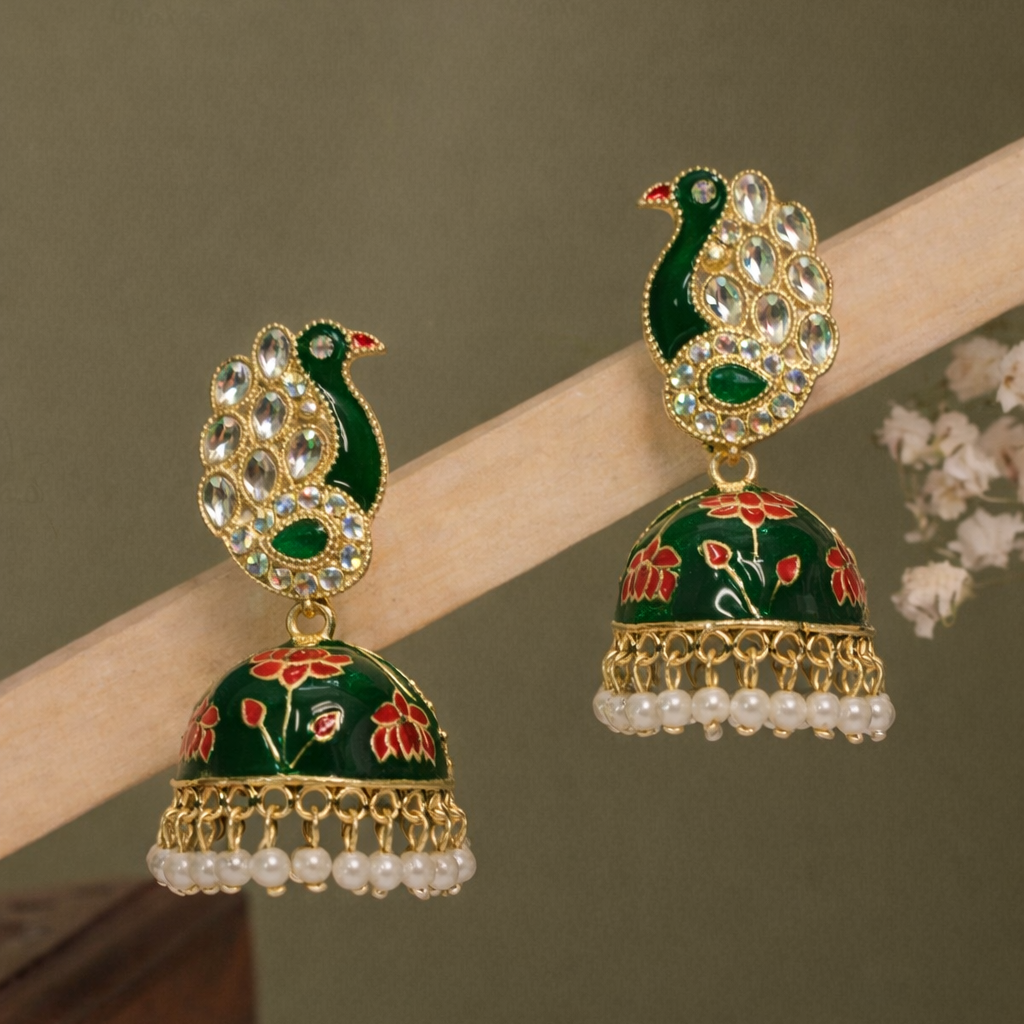 Green Peacock Enamel Jhumka Earrings with Kundan Stones & Pearl Drops