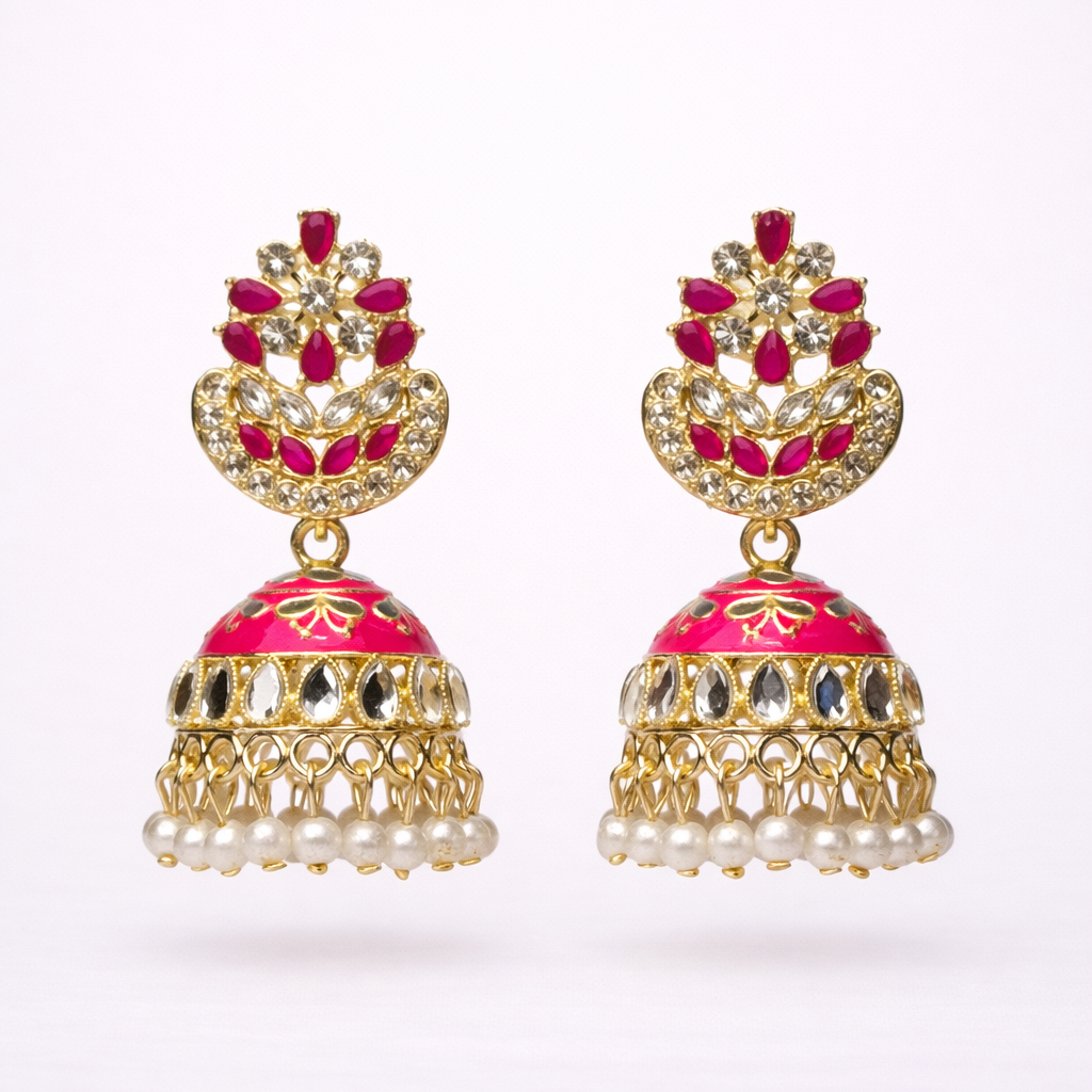 Pink Kundan Pearl Jhumka Earrings in Gold Finish