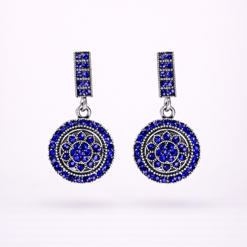 Oxidised Silver Blue Diamond Circular Drop Earrings