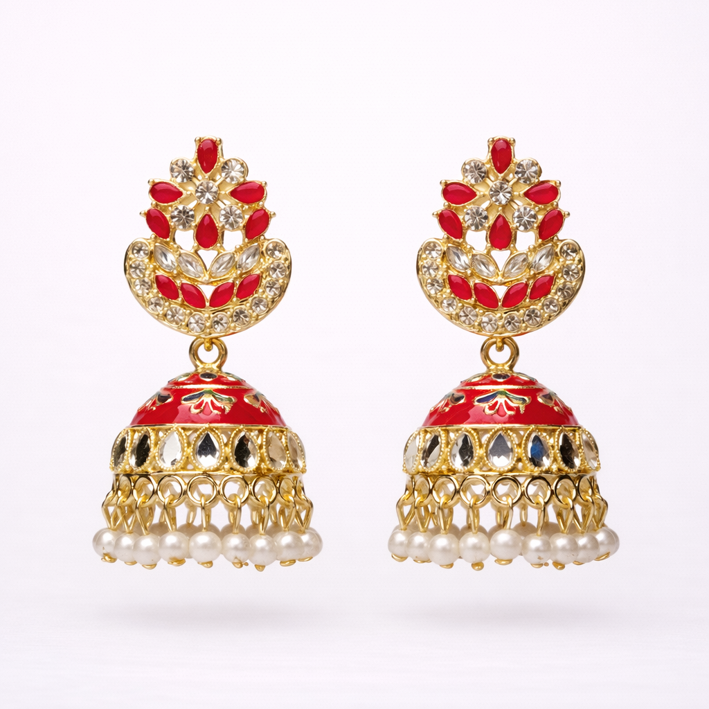 Red Kundan Pearl Jhumka Earrings in Gold Finish