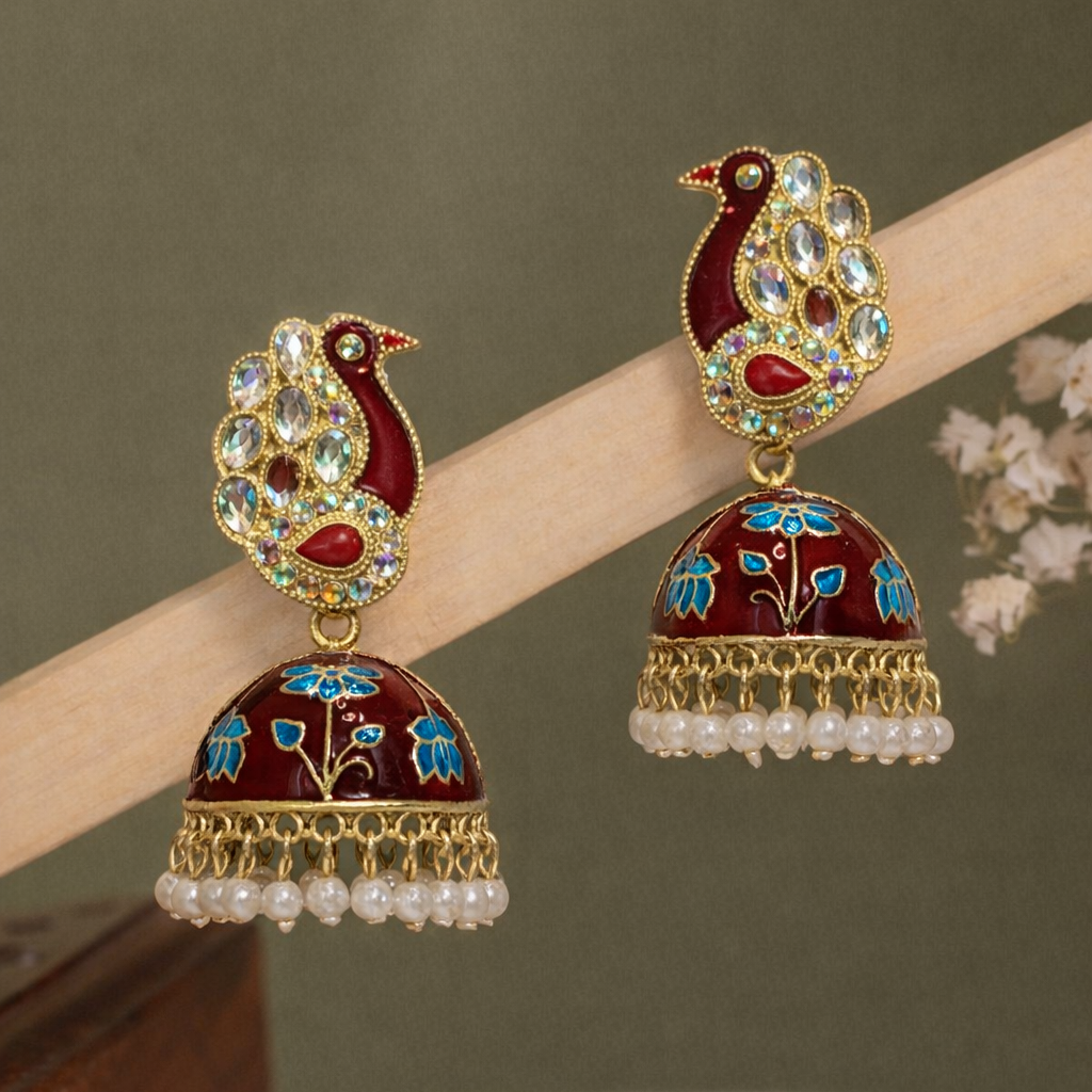 Red Peacock Kundan Jhumka Earrings with Enamel Work & Pearl Drops