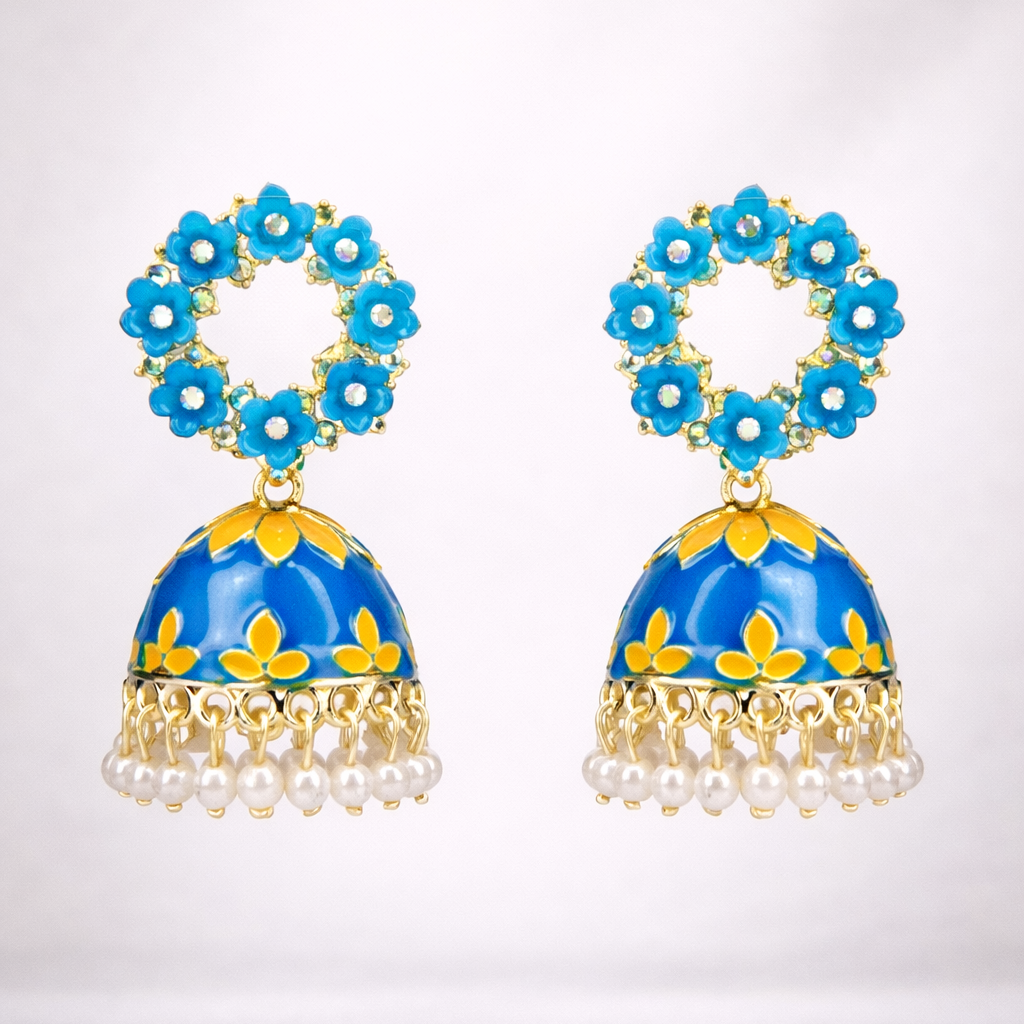 Floral Blue Kundan Jhumka Earrings with Pearl Drops