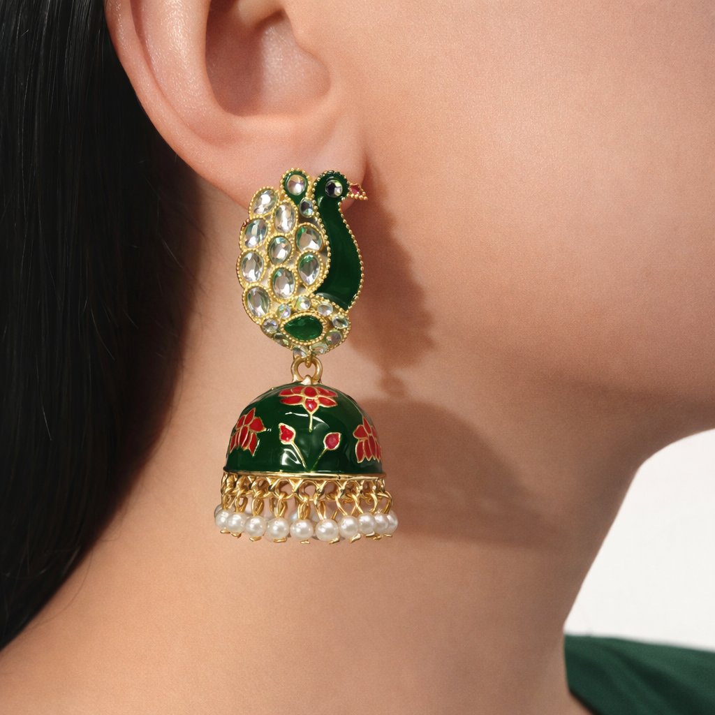 Green Peacock Enamel Jhumka Earrings with Kundan Stones & Pearl Drops