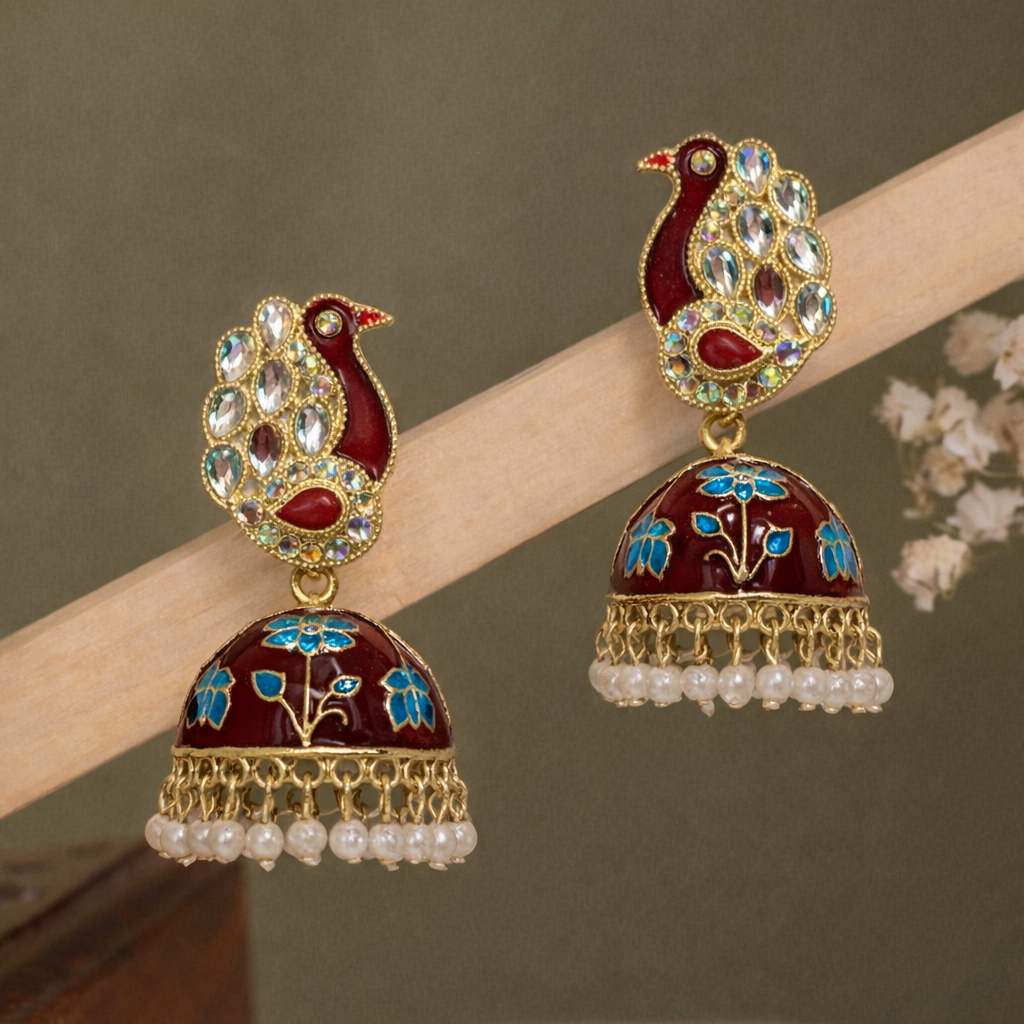 Maroon Peacock Enamel Jhumka Earrings with Kundan Work & Pearl Drops