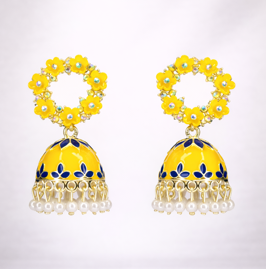 Floral Yellow Kundan Jhumka Earrings with Pearl Drops