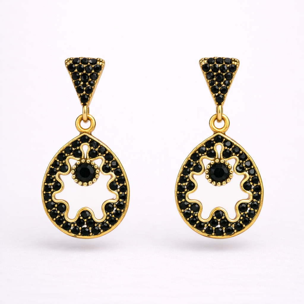 Black Diamond Circular Drop Earrings in Gold Finish