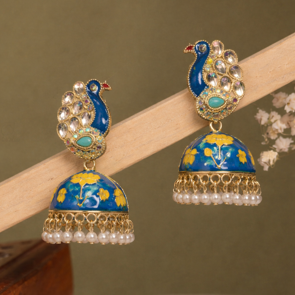Blue Peacock Enamel Jhumka Earrings with Kundan Stones & Pearl Drops