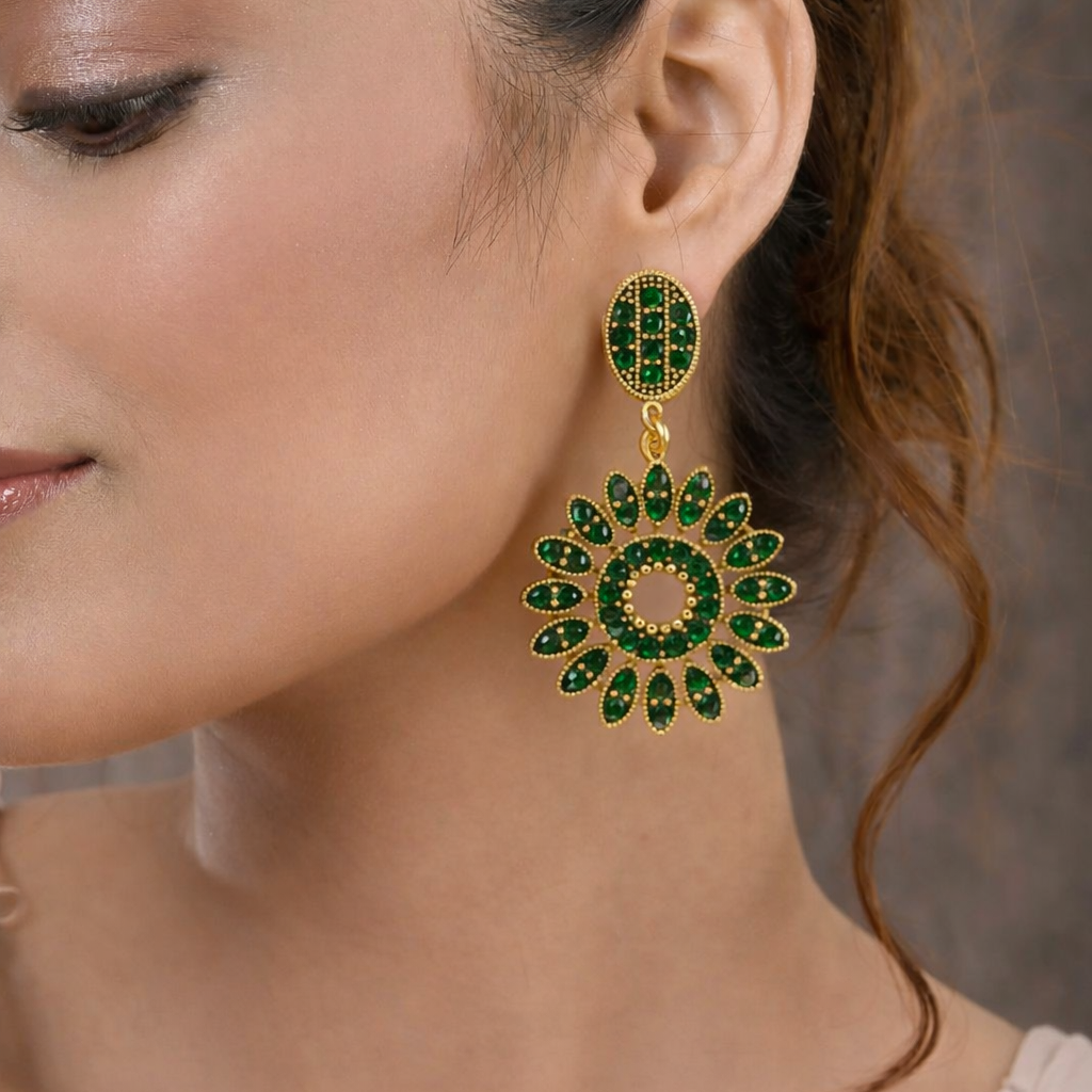 Emerald Green Diamond Floral Drop Earrings in Antique Gold Finish