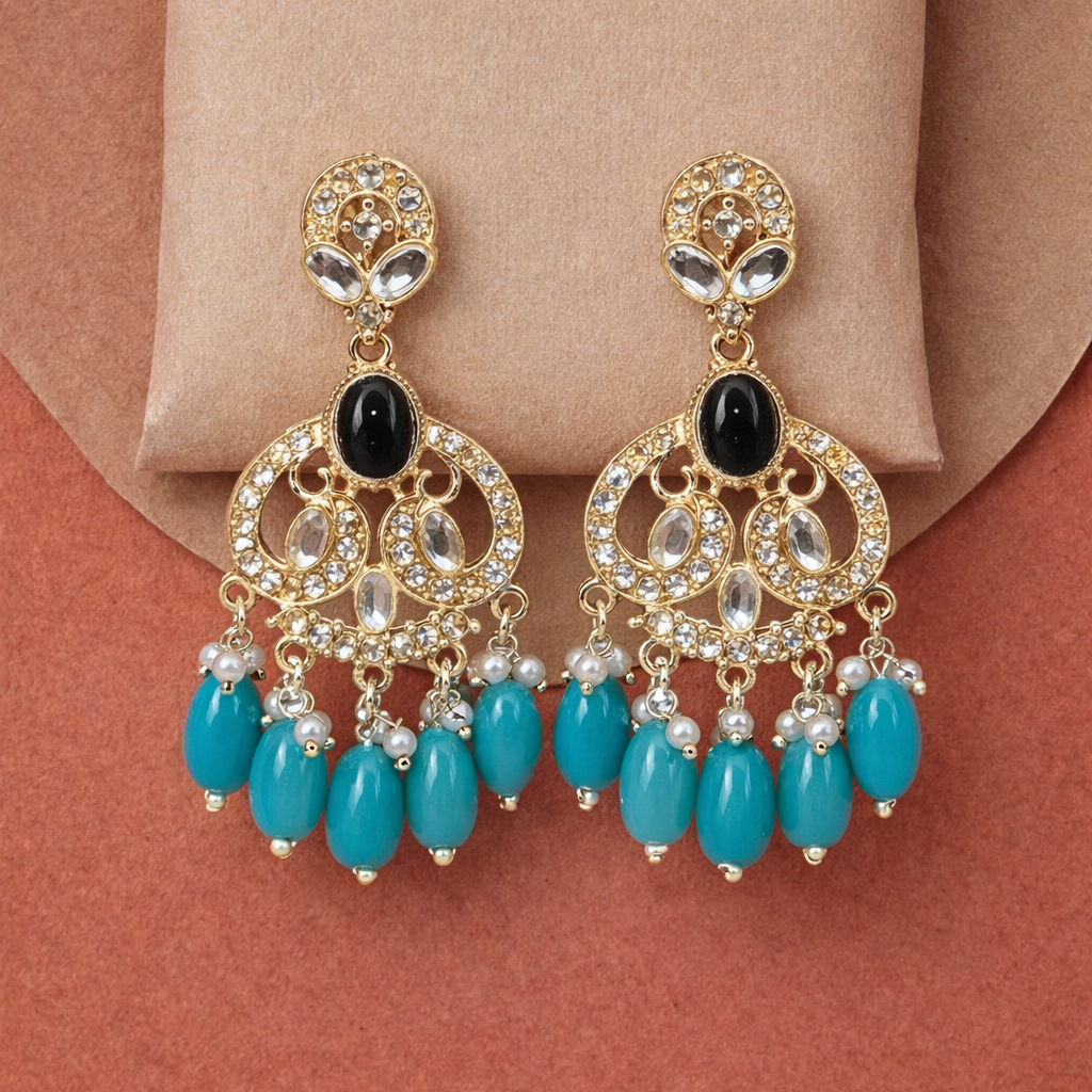 Gold Finish Crystal Chandelier Earrings with Turquoise Bead Drops