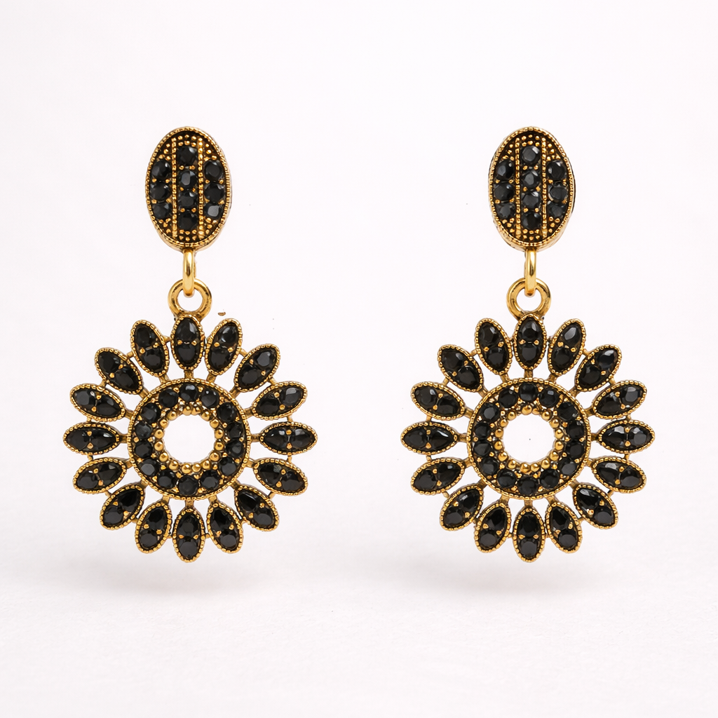 Black Diamond Floral Drop Earrings in Antique Gold Finish