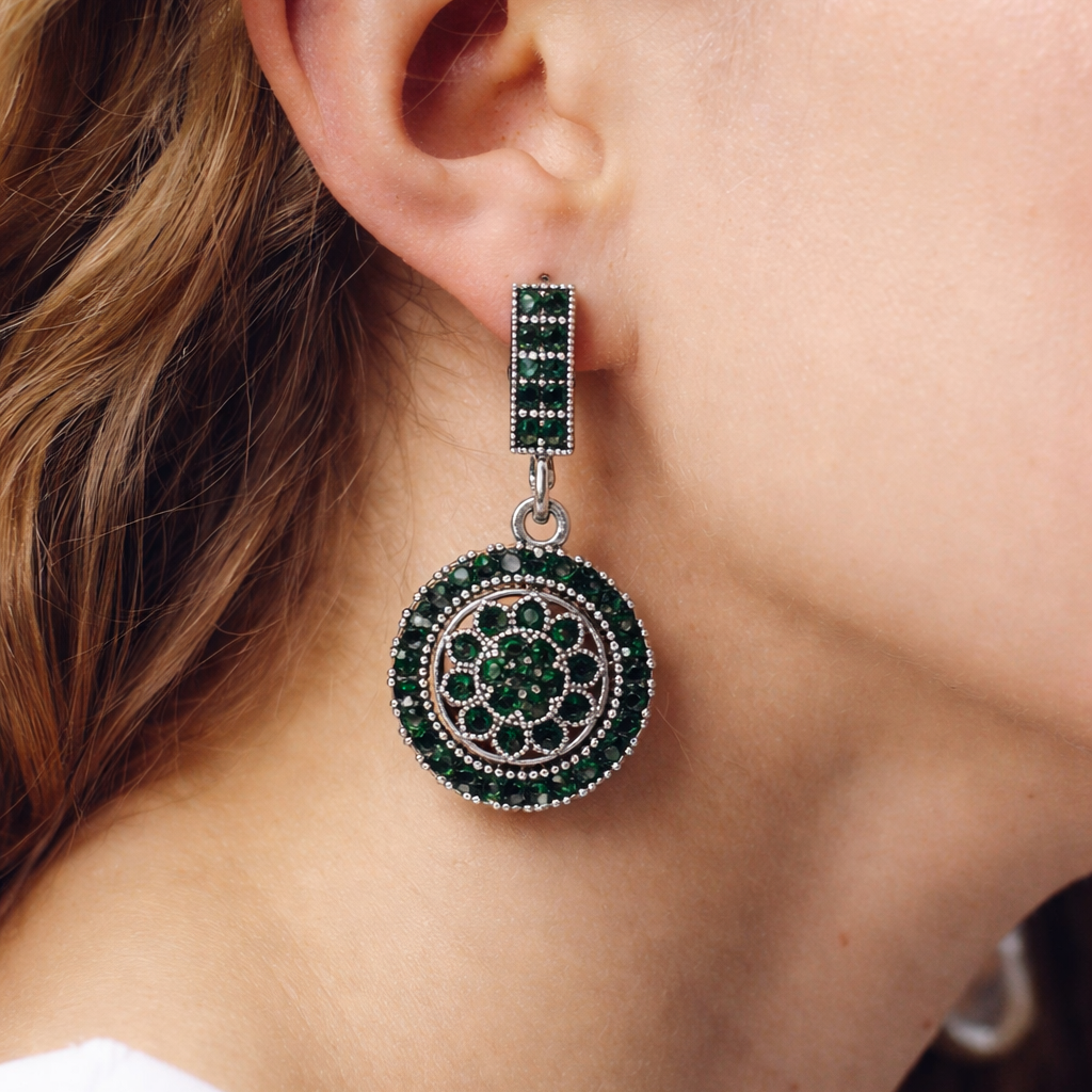 Oxidised Silver Green Diamond Circular Drop Earrings