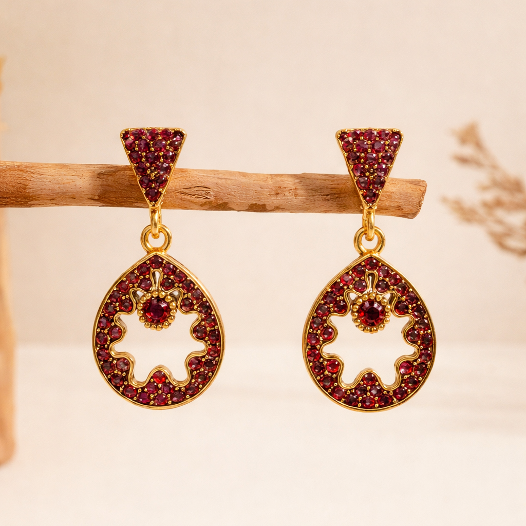 Maroon Diamond Circular Drop Earrings in Gold Finish