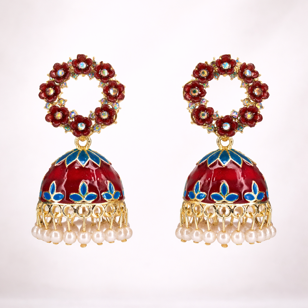 Floral Maroon Kundan Jhumka Earrings with Pearl Drops