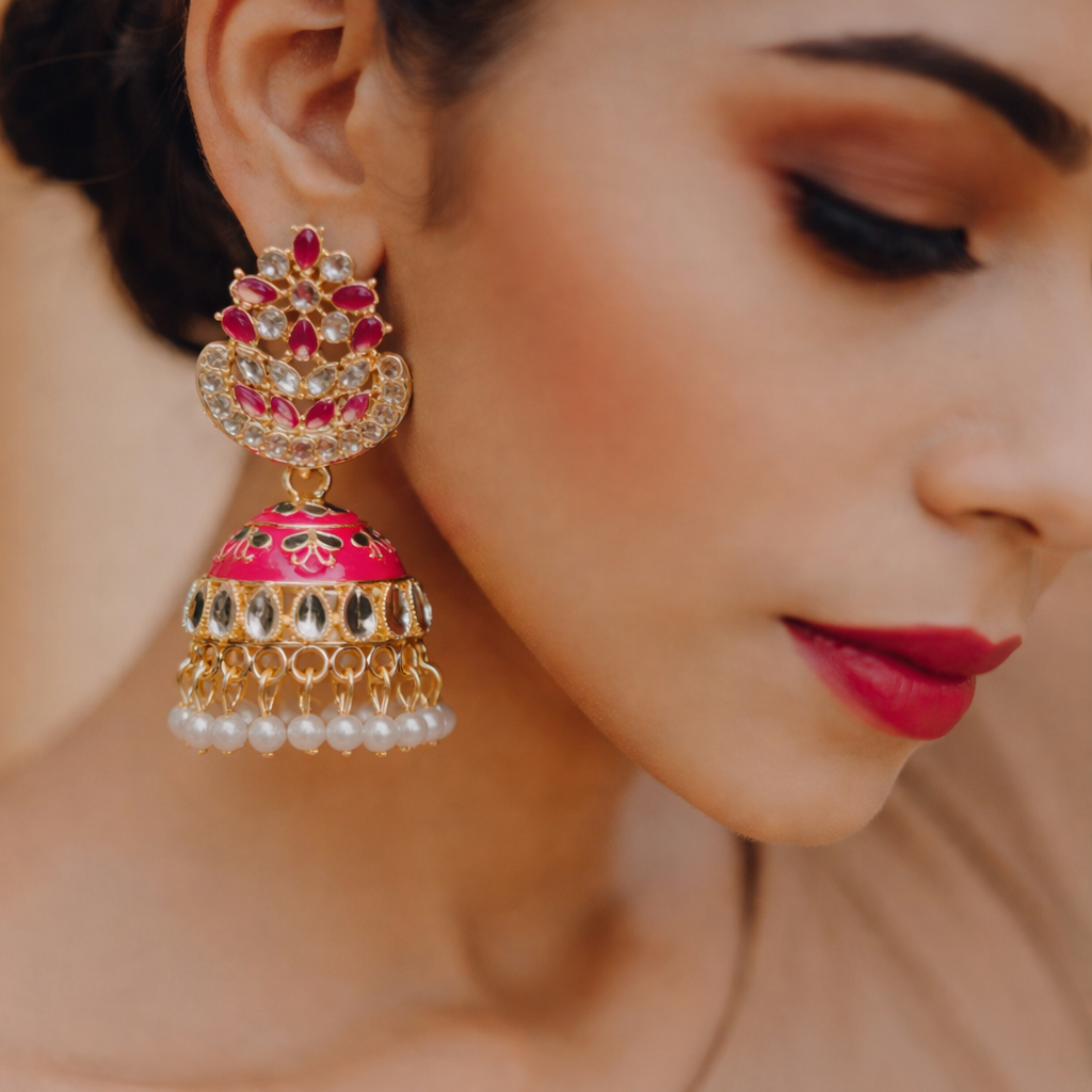 Pink Kundan Pearl Jhumka Earrings in Gold Finish