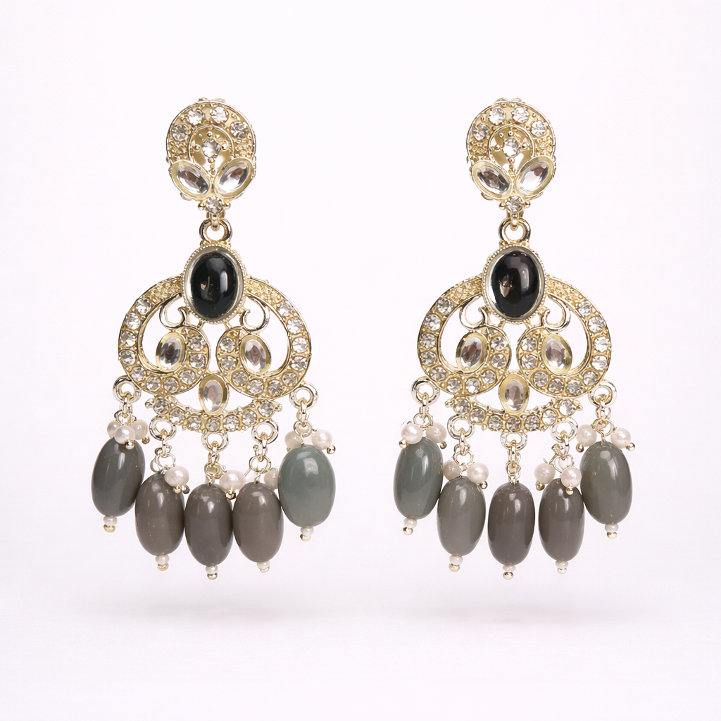 Gold Finish Crystal Chandelier Earrings with Grey Bead Drops