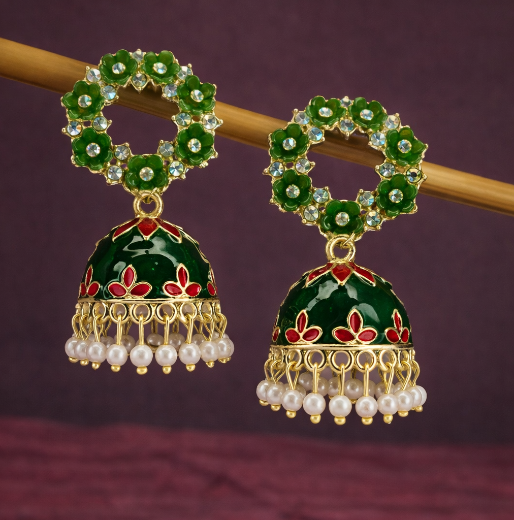 Floral Dark Green Kundan Jhumka Earrings with Pearl Drop
