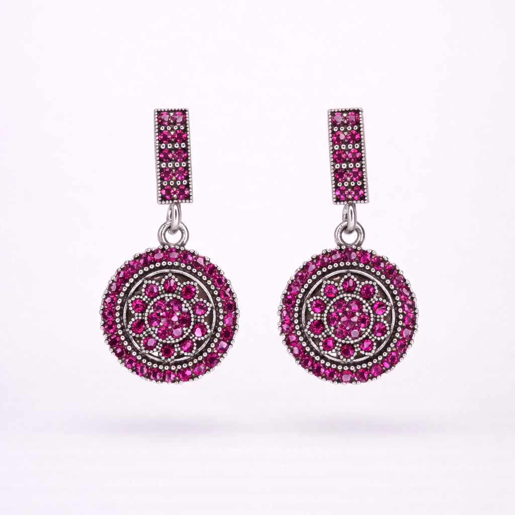 Oxidised Silver Pink Diamond Circular Drop Earrings