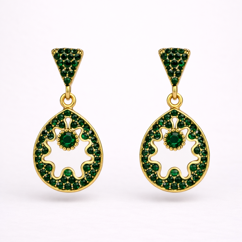Green Diamond Circular Drop Earrings in Gold Finish