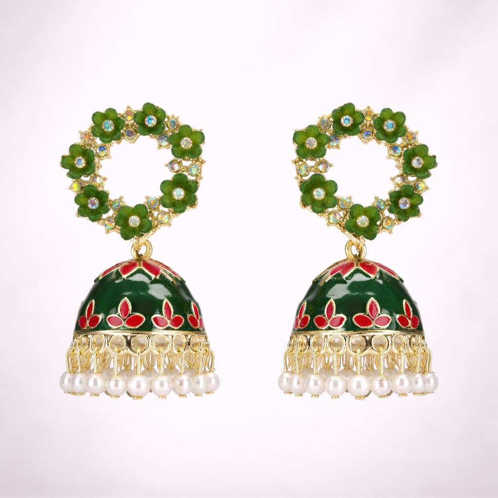 Floral Dark Green Kundan Jhumka Earrings with Pearl Drop
