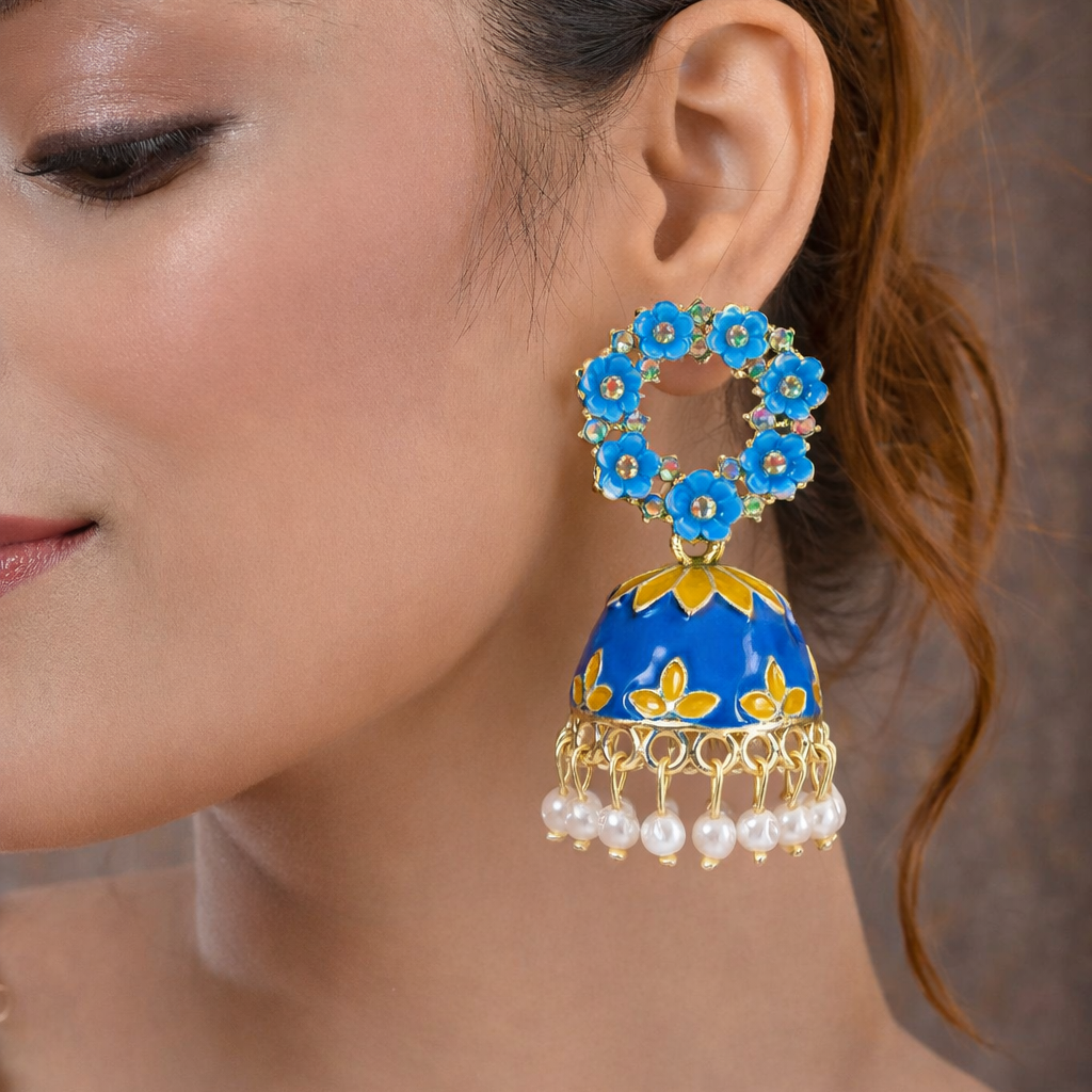 Floral Blue Kundan Jhumka Earrings with Pearl Drops