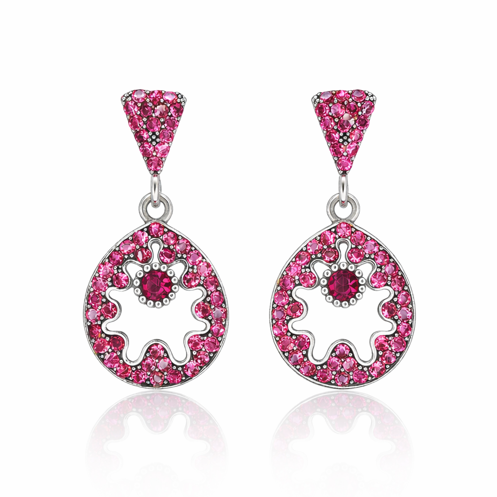 Pink Diamond Circular Drop Earrings in Silver Finish