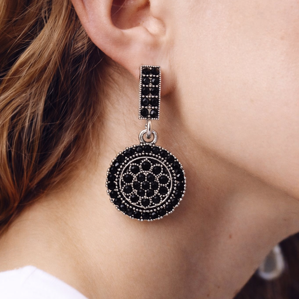 Oxidised Silver Black Diamond Circular Drop Earrings