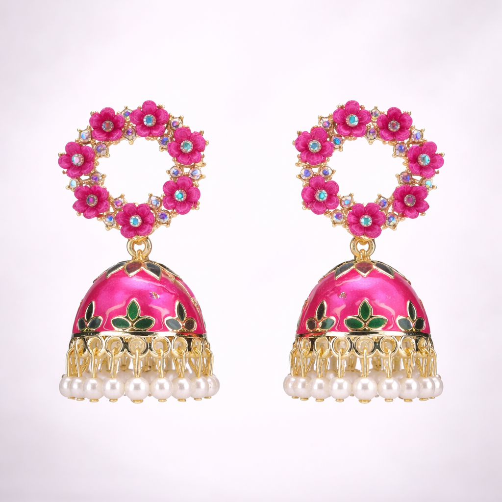 Floral Pink Kundan Jhumka Earrings with Pearl Drop