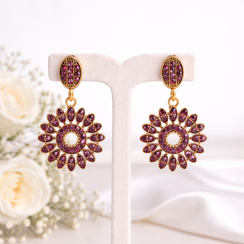 Ruby Maroon Diamond Floral Drop Earrings in Antique Gold Finish