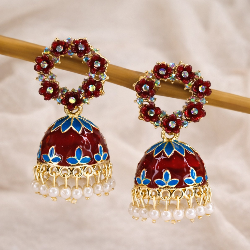 Floral Maroon Kundan Jhumka Earrings with Pearl Drops