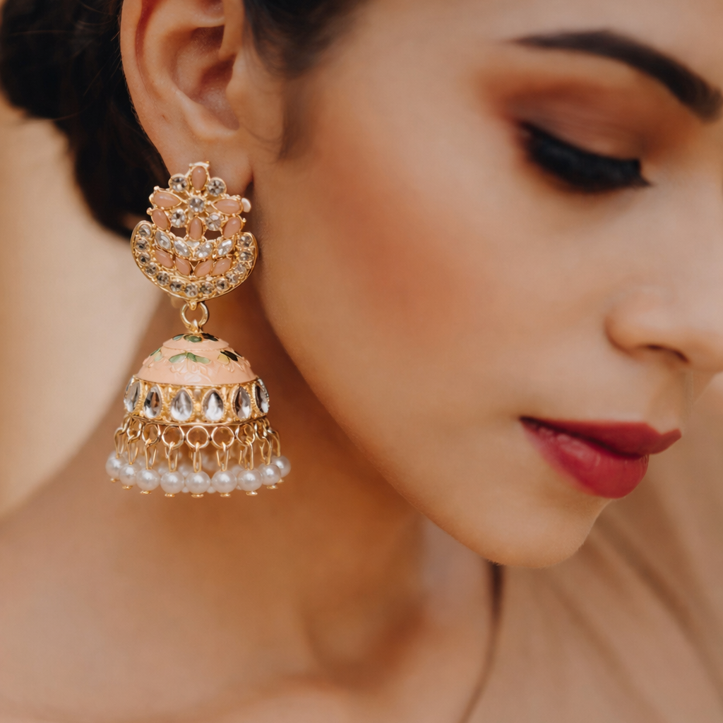 Peach Kundan Pearl Jhumka Earrings in Gold Finish