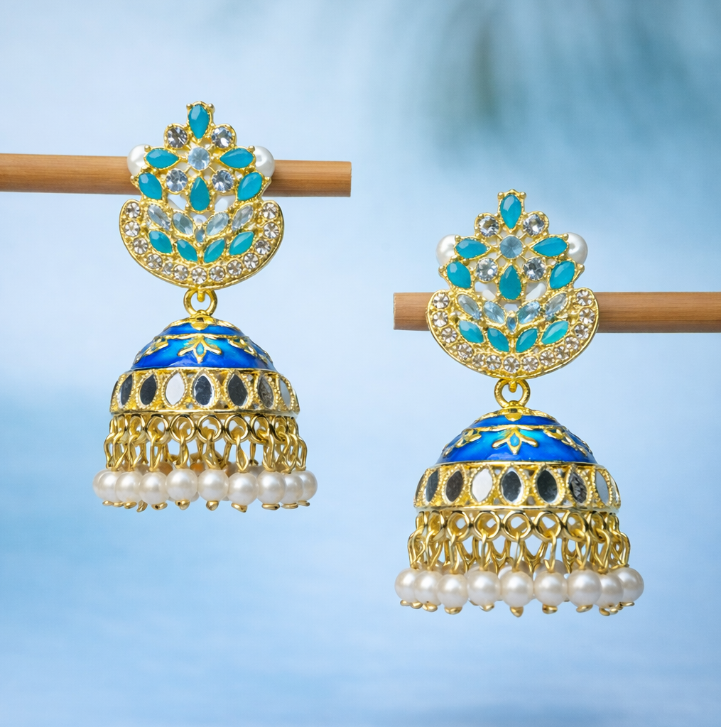 Royal Blue Kundan Pearl Jhumka Earrings in Gold Finish