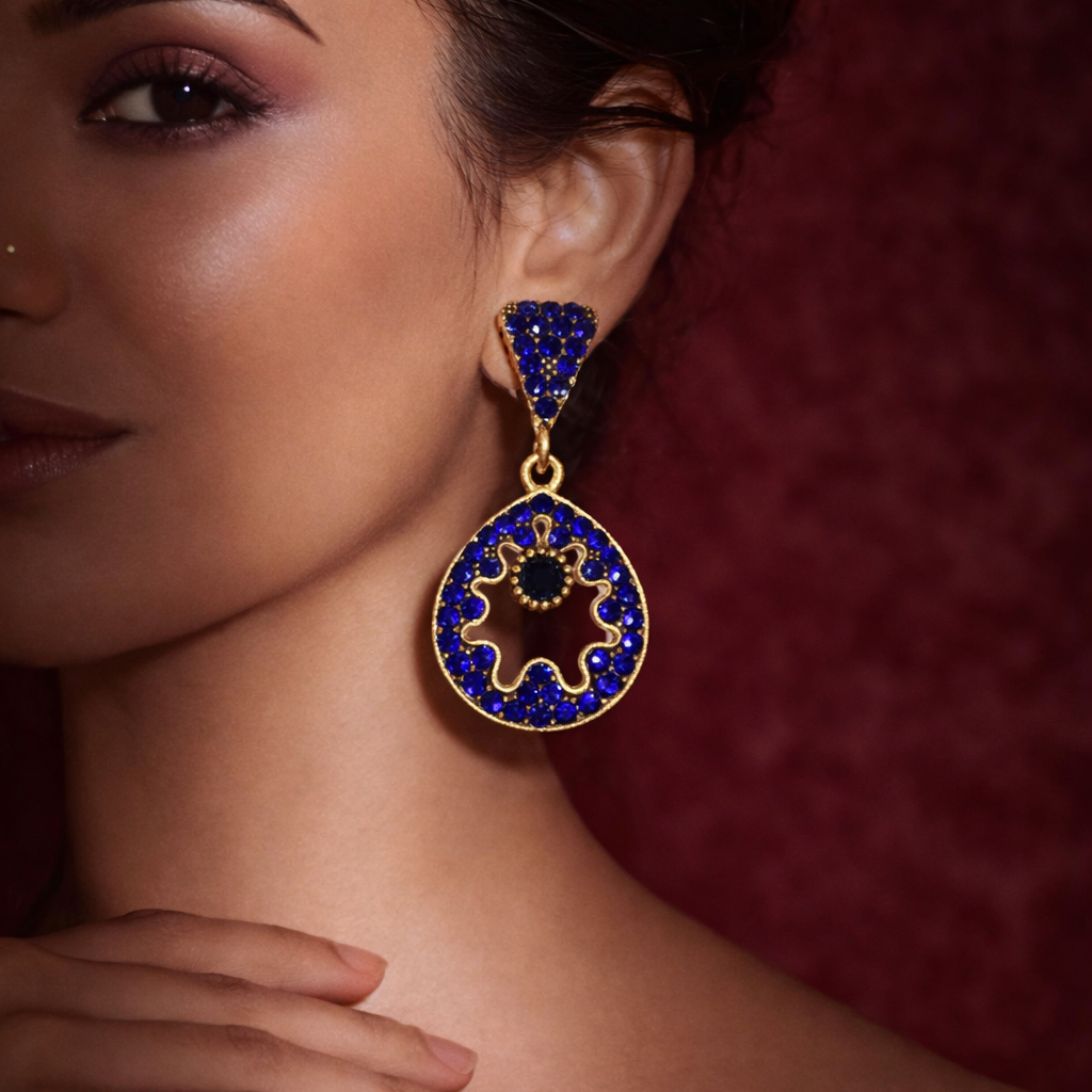 Blue Diamond Circular Drop Earrings in Gold Finish