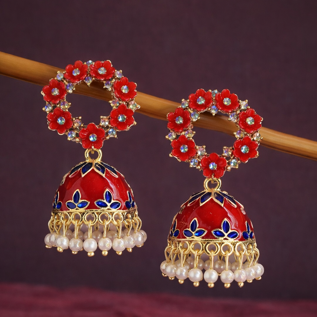 Floral Red Kundan Jhumka Earrings with Pearl Drops