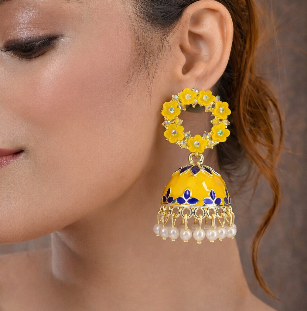 Floral Yellow Kundan Jhumka Earrings with Pearl Drops