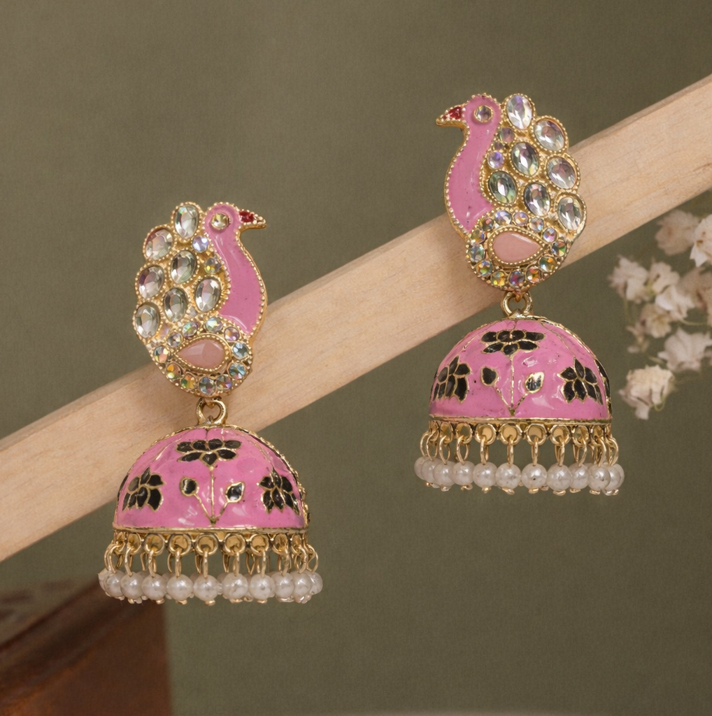 Pink Peacock Enamel Jhumka Earrings with Kundan Stones & Pearl Drops