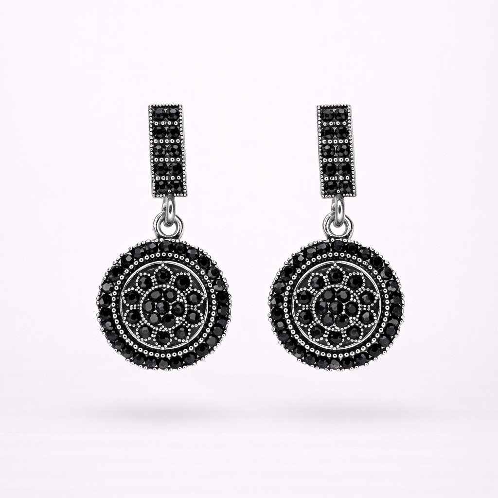 Oxidised Silver Black Diamond Circular Drop Earrings