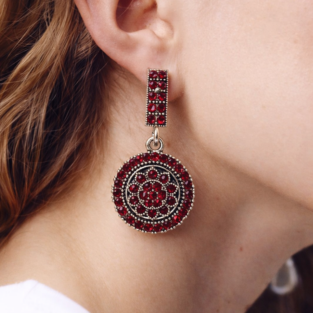 Oxidised Silver Red Diamond Circular Drop Earrings