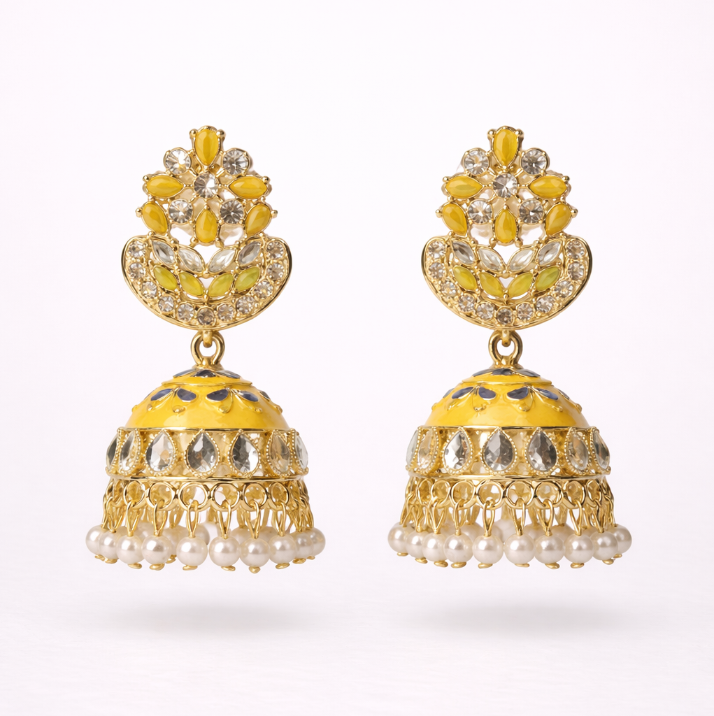Yellow Kundan Pearl Jhumka Earrings in Gold Finish