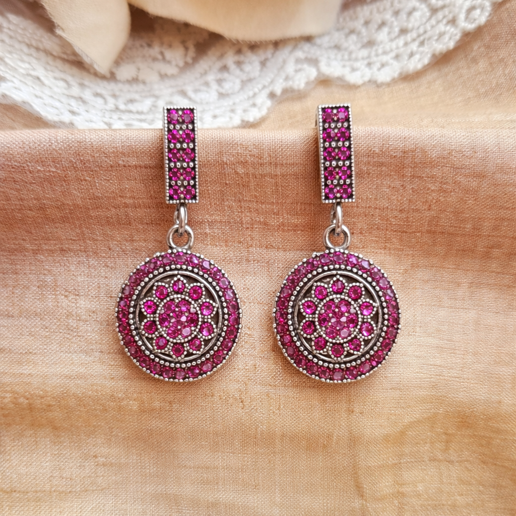 Oxidised Silver Pink Diamond Circular Drop Earrings