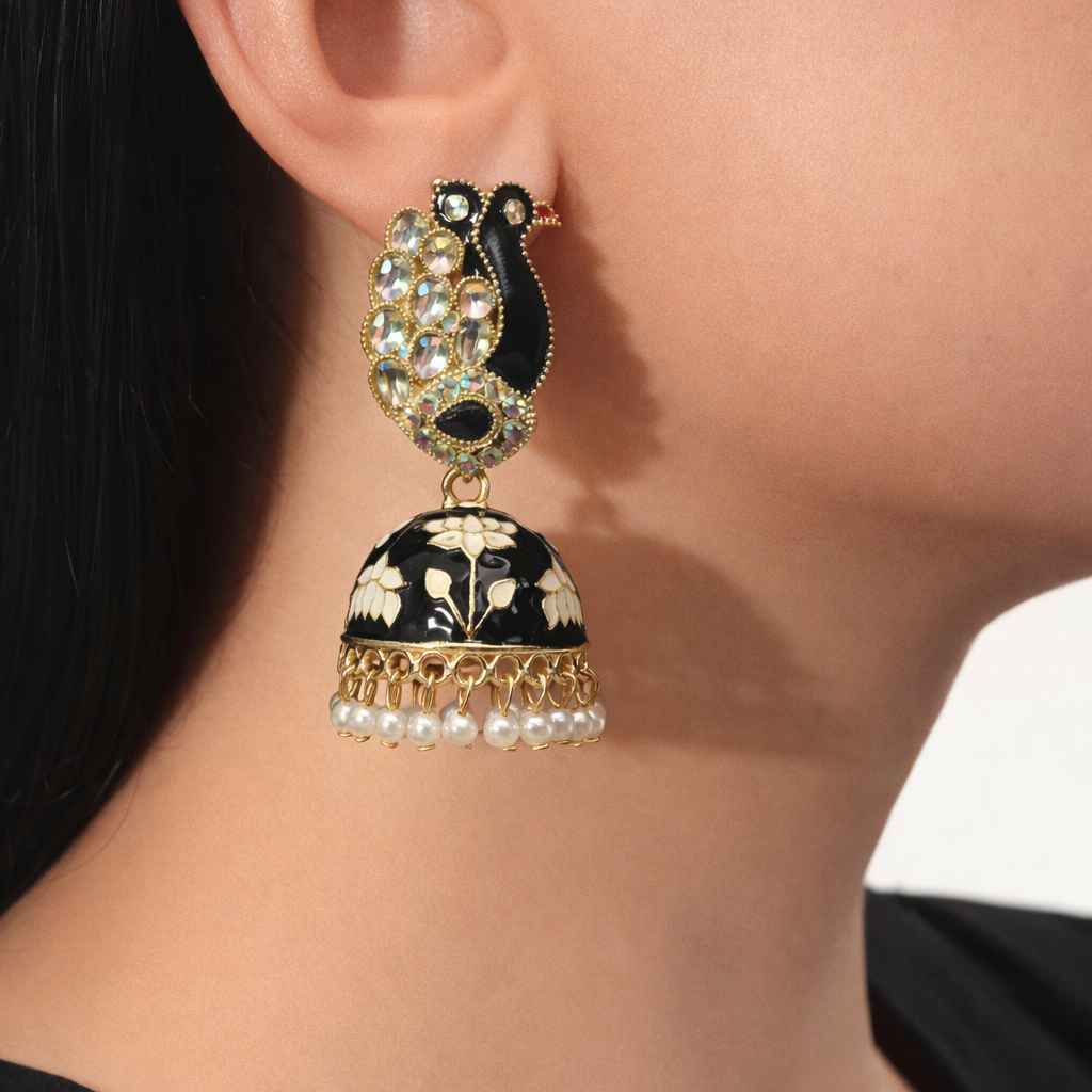 Black Peacock Enamel Jhumka Earrings with Kundan Stones & Pearl Drops