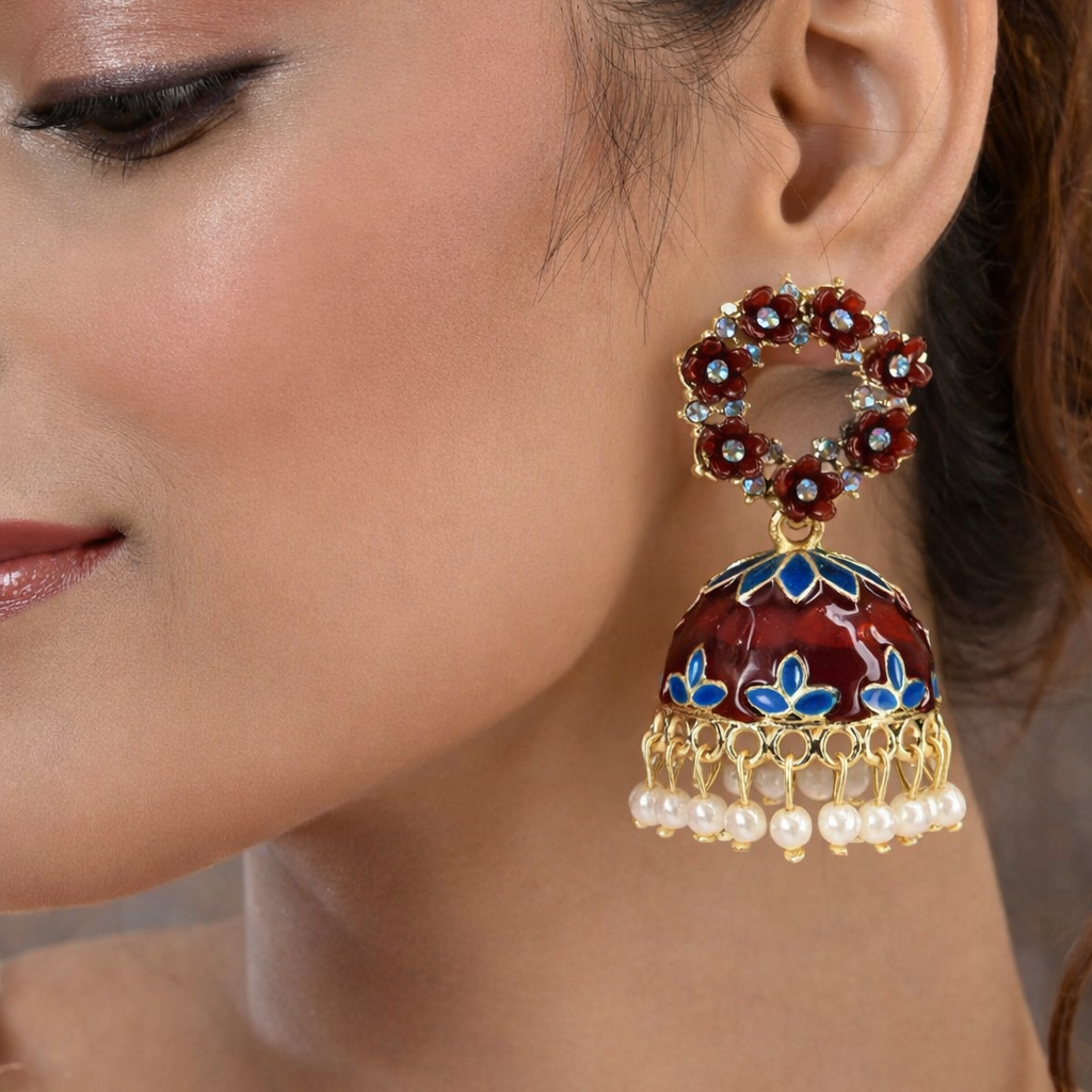 Floral Maroon Kundan Jhumka Earrings with Pearl Drops