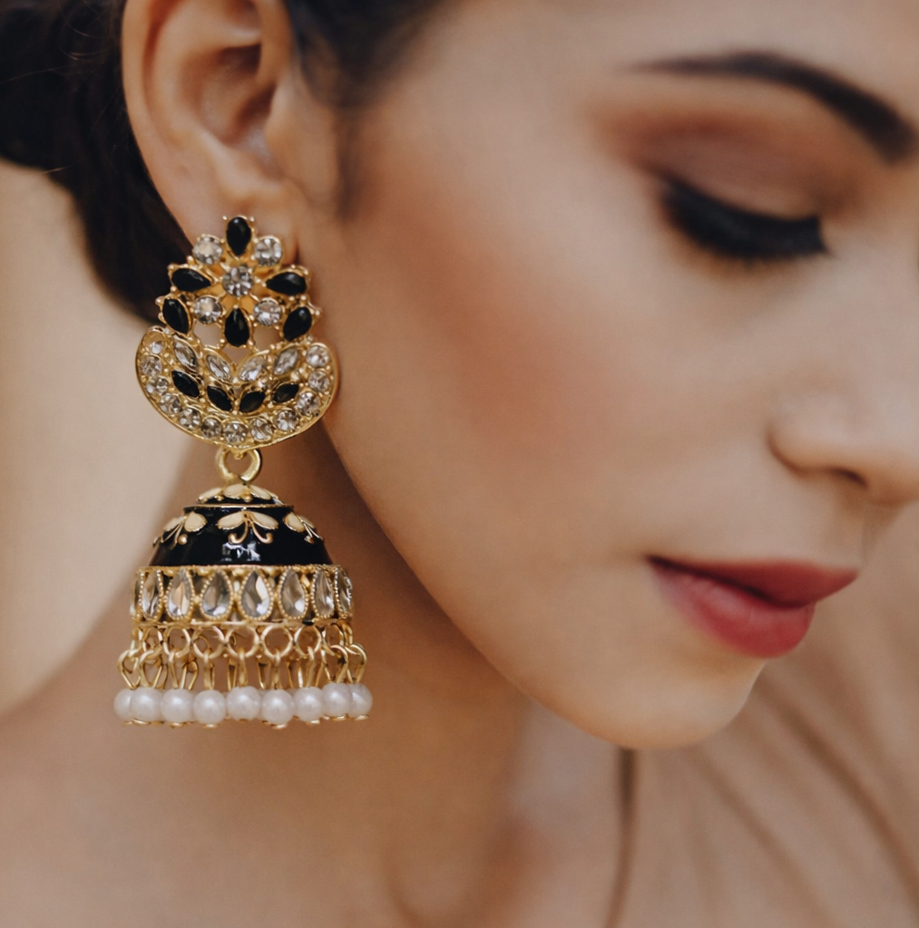 Black Kundan Pearl Jhumka Earrings in Gold Finish