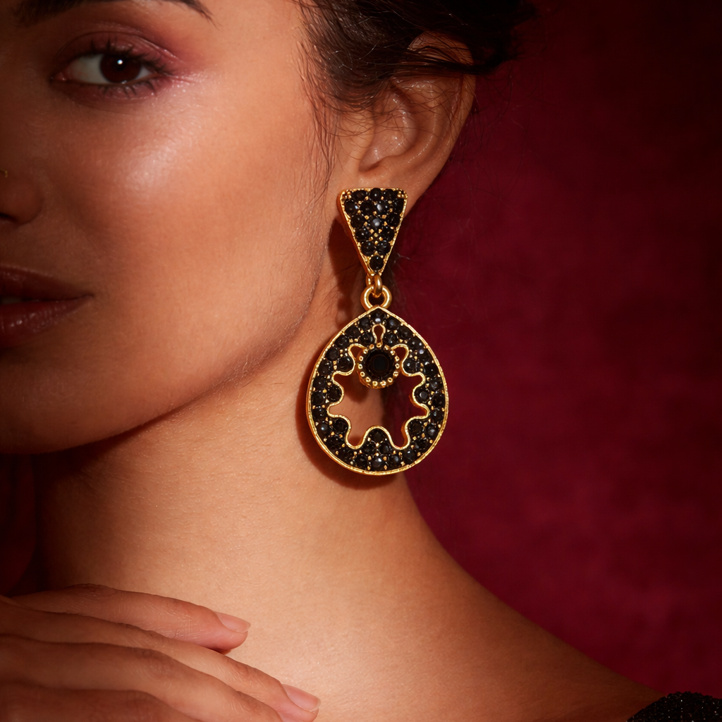 Black Diamond Circular Drop Earrings in Gold Finish