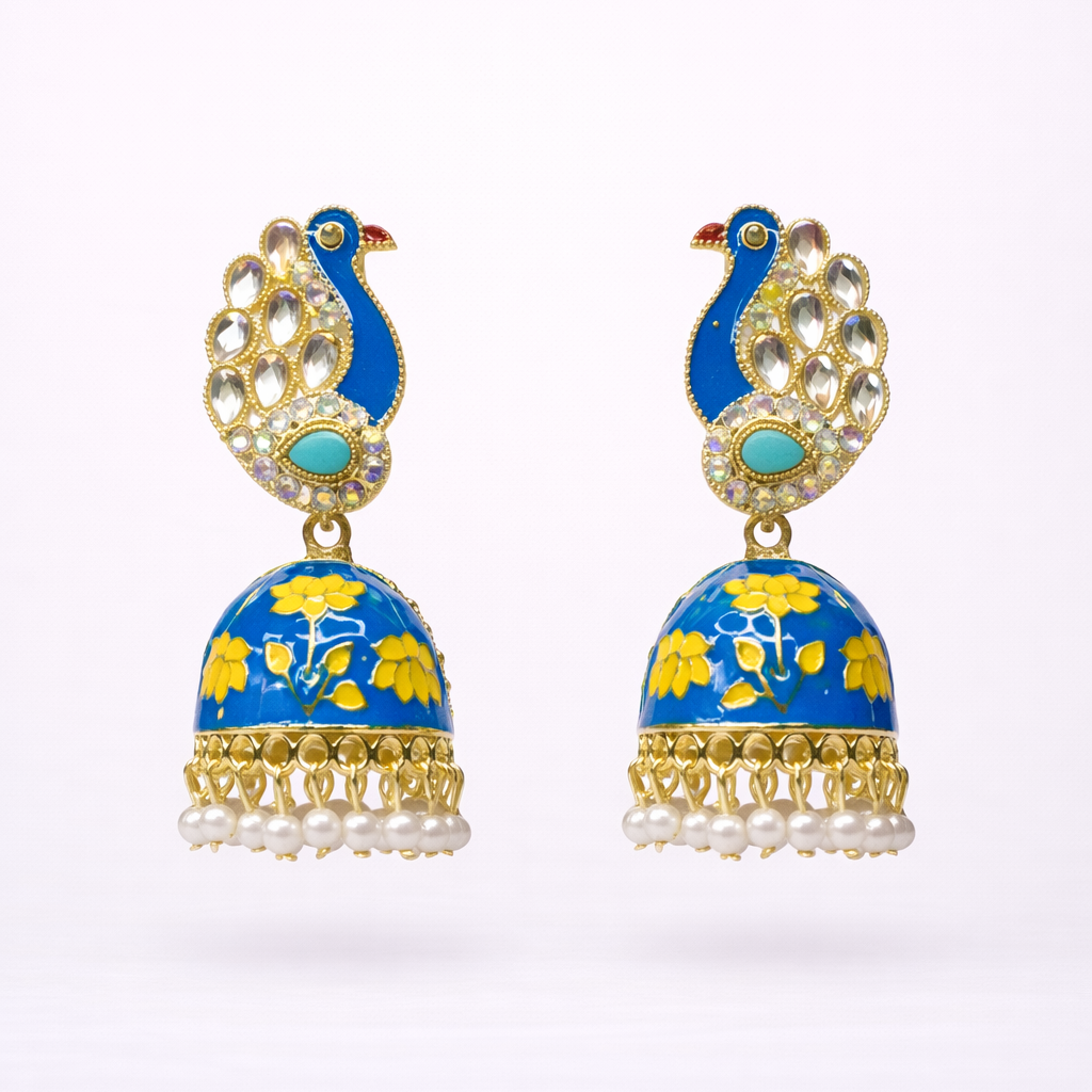Blue Peacock Enamel Jhumka Earrings with Kundan Stones & Pearl Drops