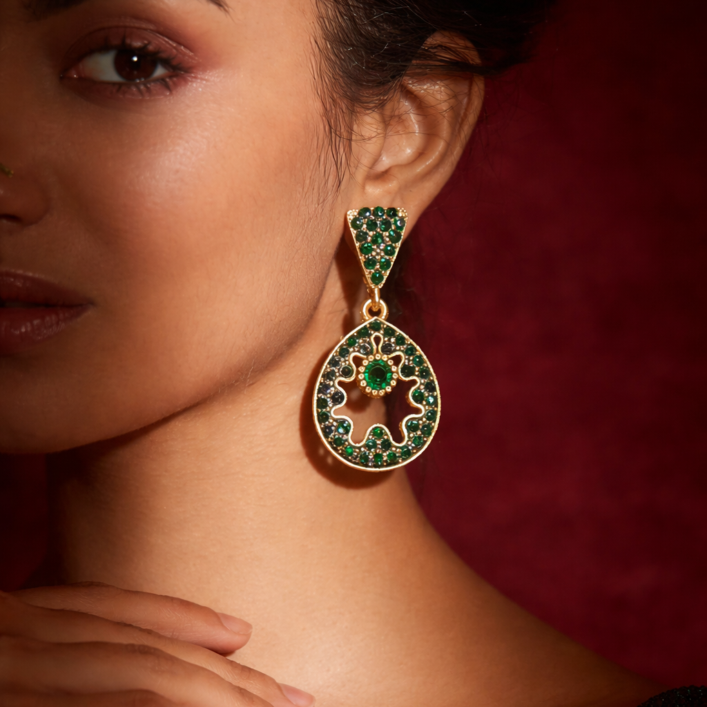 Green Diamond Circular Drop Earrings in Gold Finish